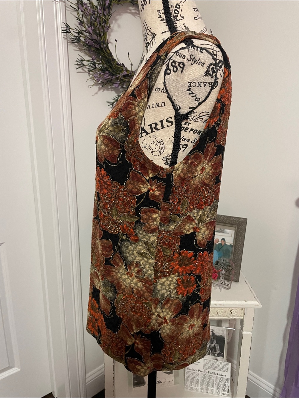 Chico's Black Floral Sleeveless Tunic with Rust and Olive Accents - Picture 2 of 6